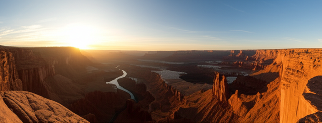 A dramatic canyon landscape at dawn, representing a rewarding quest destination.