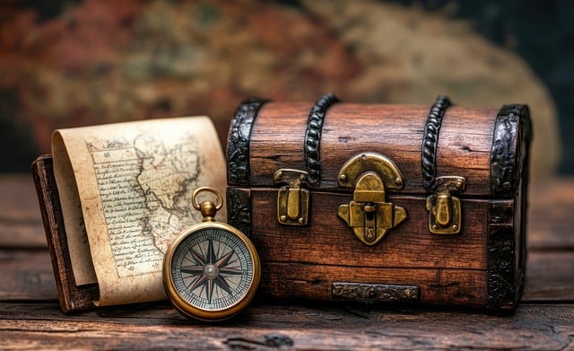 A vintage wooden treasure chest with brass hardware alongside an antique compass and aged treasure map, representing the authentic treasure hunting experience.