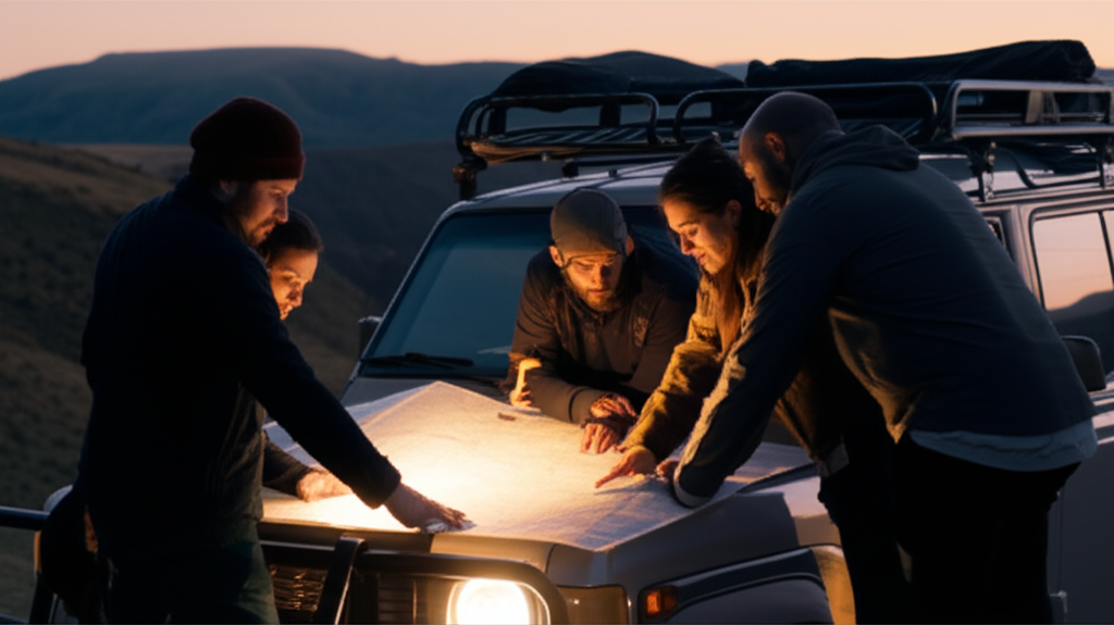 A diverse group of off-road adventurers collaborating over a map on their vehicle's hood at dusk.