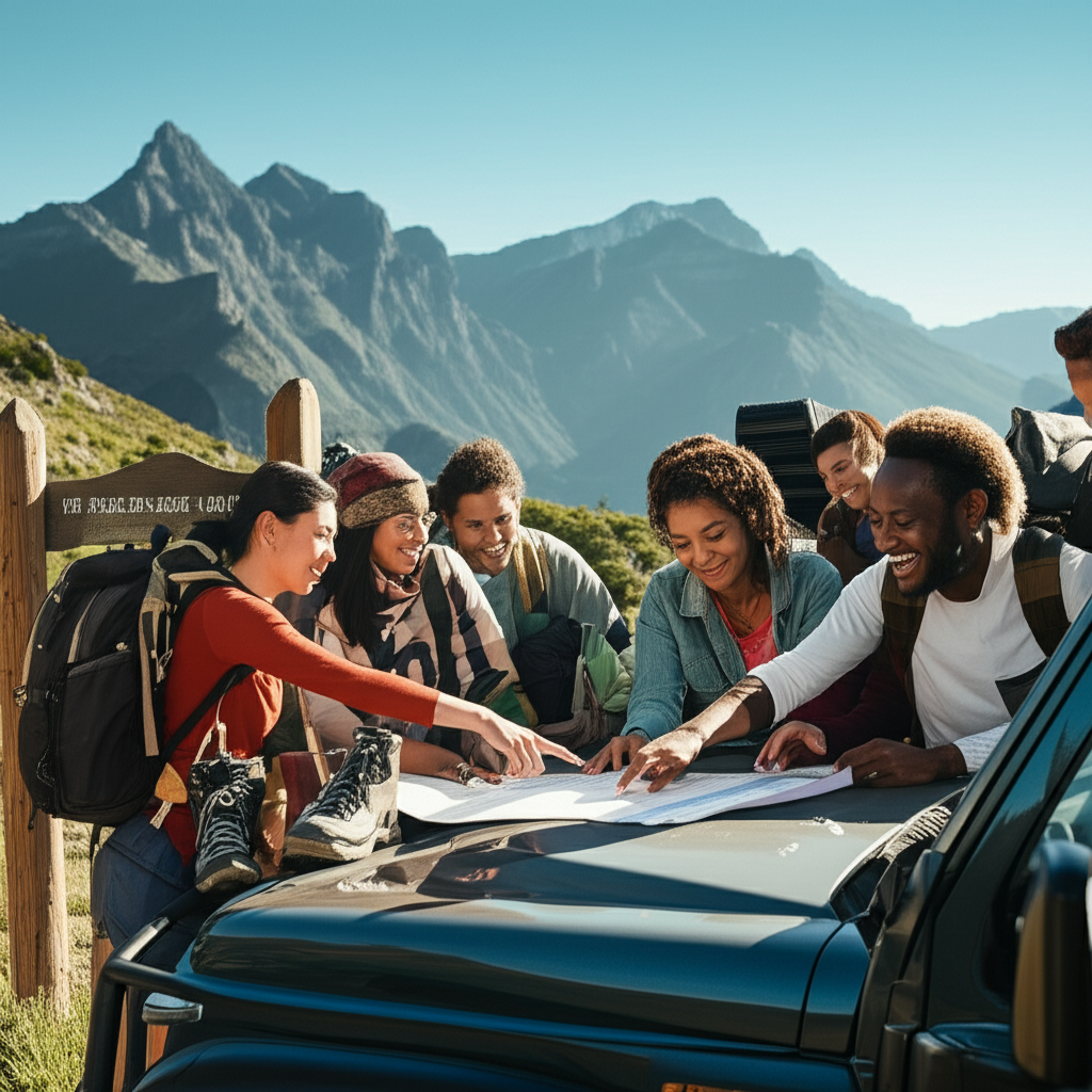 A diverse group of adventurers collaborating around a map on their vehicle, embodying the respectful and inclusive spirit of the Off-Road Treasure Quest community.