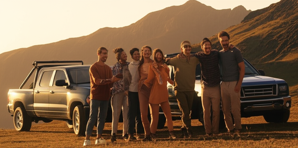 A diverse group of adventurers smiling and enjoying themselves with their off-road vehicles in a scenic mountain setting.