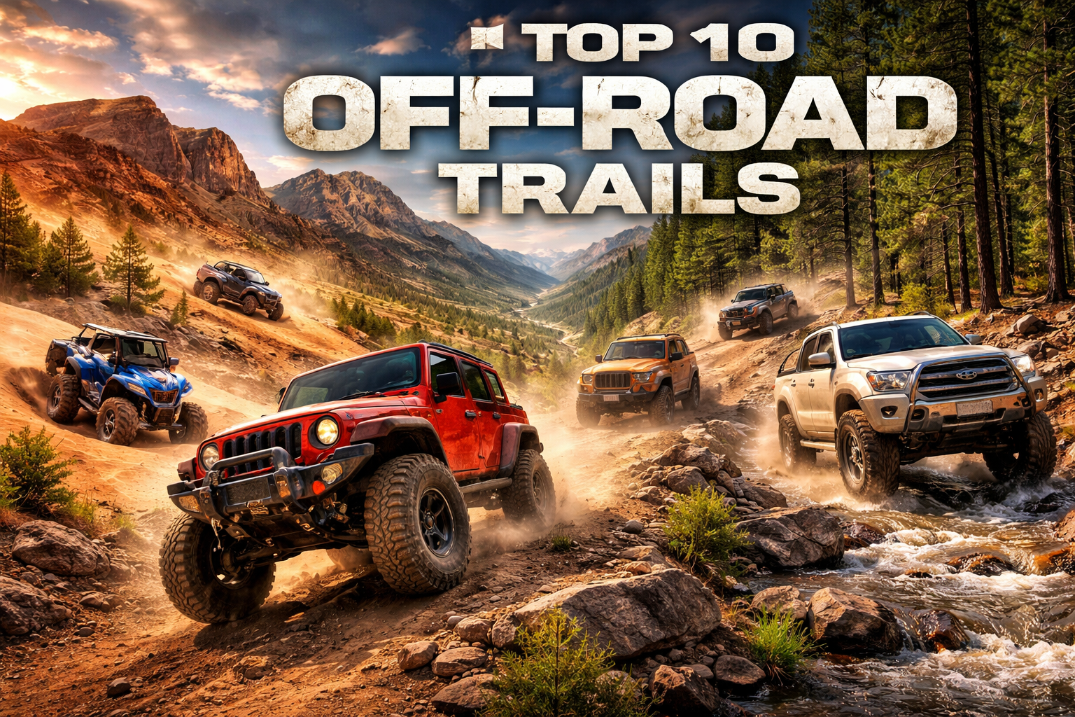 Five off-road vehicles including a red Jeep Wrangler, blue UTV, orange SUV, and tan truck charging across rocky mountain terrain with a river crossing and pine forest backdrop