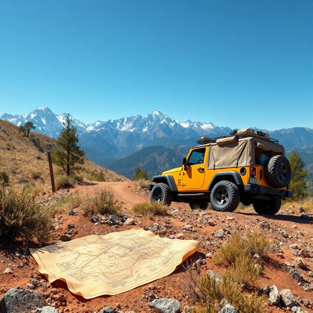 A yellow Jeep parked on a mountain trail with a large map spread on the ground, symbolizing the creation of the Off-Road Treasure Quest.