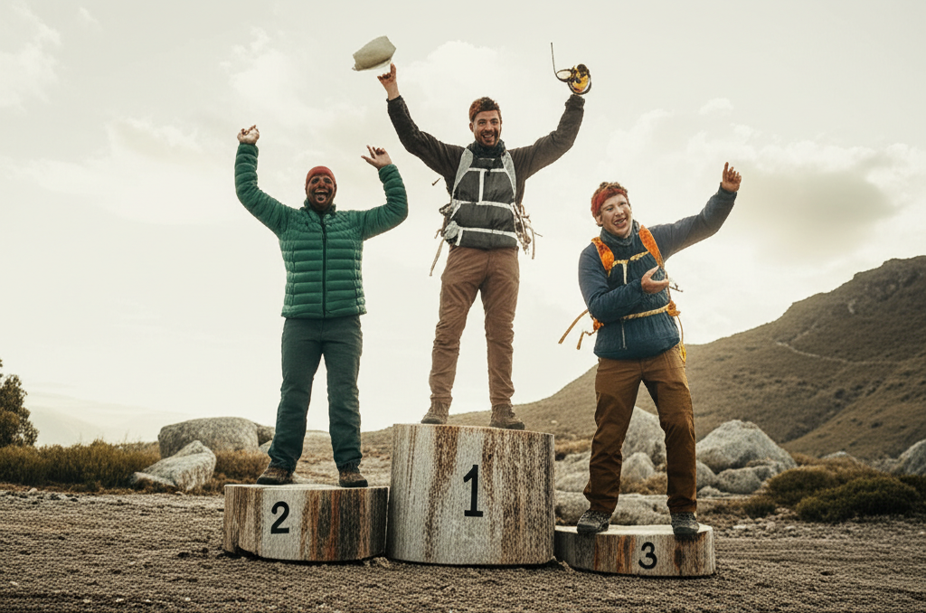 Adventurers celebrating on a 1st, 2nd, and 3rd place podium in an outdoor setting, representing the leaderboard.