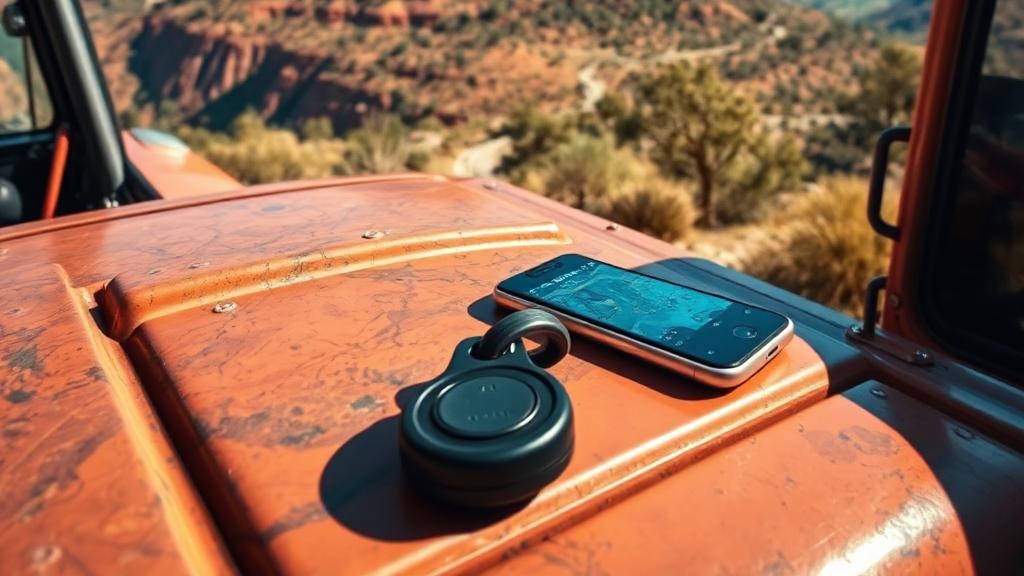A smartphone and GPS device placed on the hood of an orange off-road vehicle in a desert landscape, ready for navigation and adventure exploration.