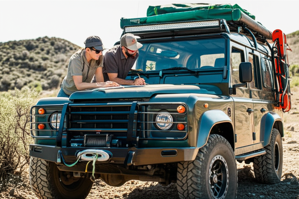 An off-road vehicle showcasing essential safety equipment like a winch and recovery boards, with adventurers planning their route to emphasize preparedness and safe practices.