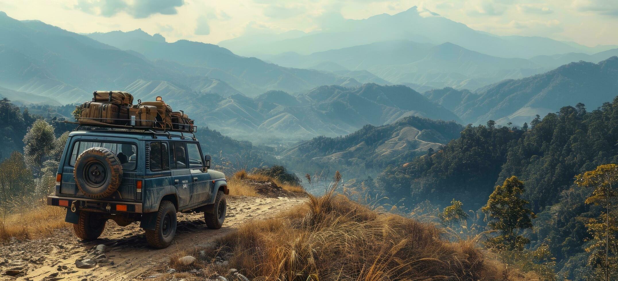 A packed off-road vehicle overlooking a vast mountain range, ready for an adventure.