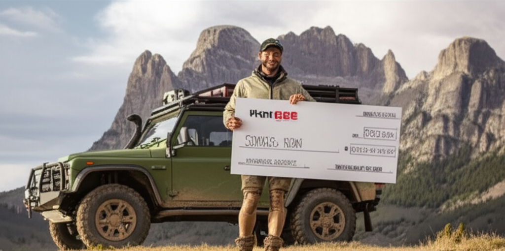 A triumphant adventurer celebrating with their cash prize in front of their off-road vehicle.