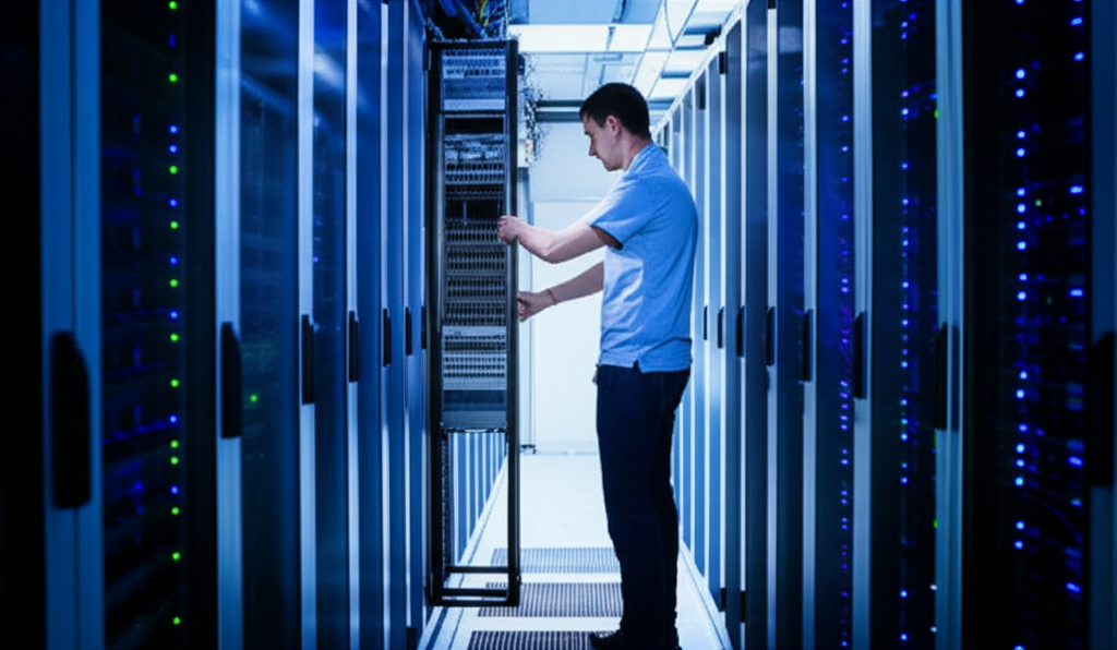 A network engineer performing maintenance in a modern data center, ensuring the reliability and security of the Off-Road Treasure Quest platform.