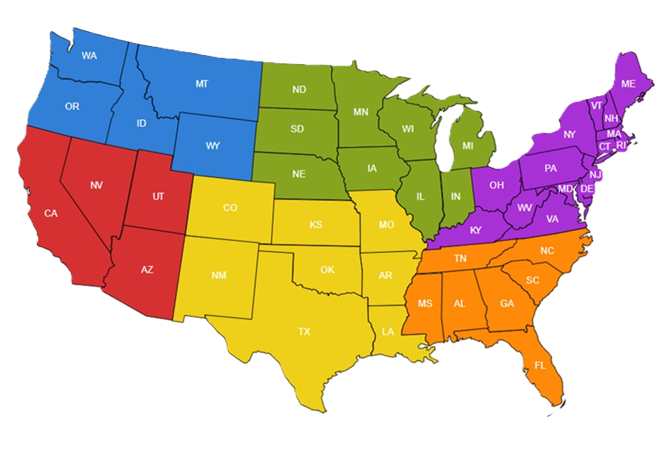Map of the United States divided into three colored regions for the Off Road Treasure Quest