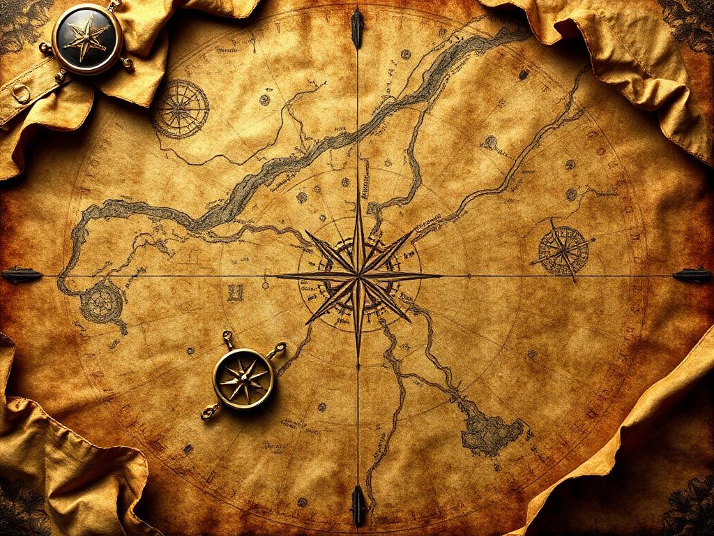 An old, weathered treasure map with a compass, symbolizing the beginning of an adventure.