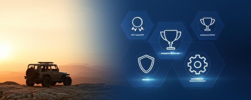 Banner showing an off-road vehicle and icons representing platform value like security, rewards, and improvements.